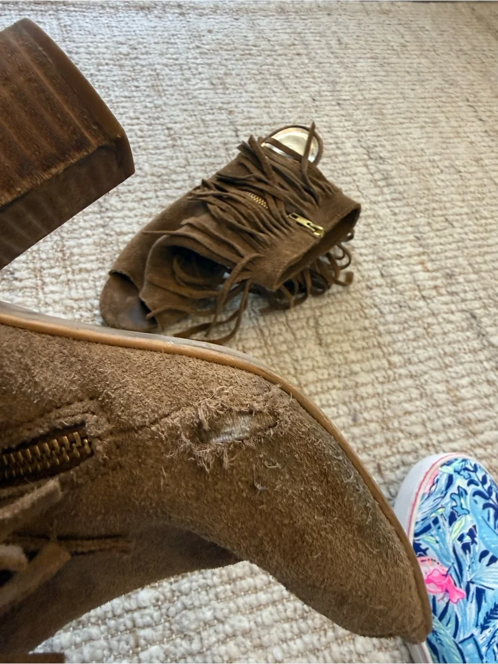 Fringe Peep-Toe Suede Ankle Boots - Brown